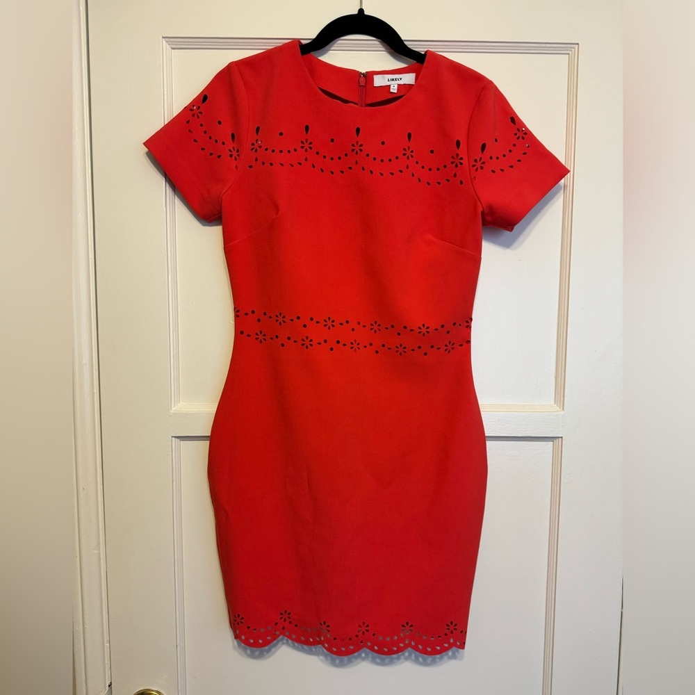 Likely brilliant, orange midi dress size 8, hidden back zipper closure.